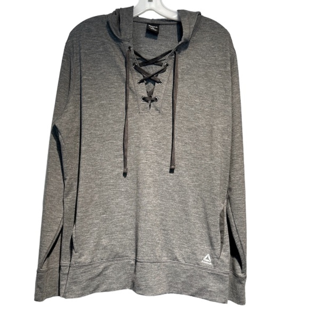 Reebok  grey hoodie sweatshirt lace up front long sleeves  side pocket…